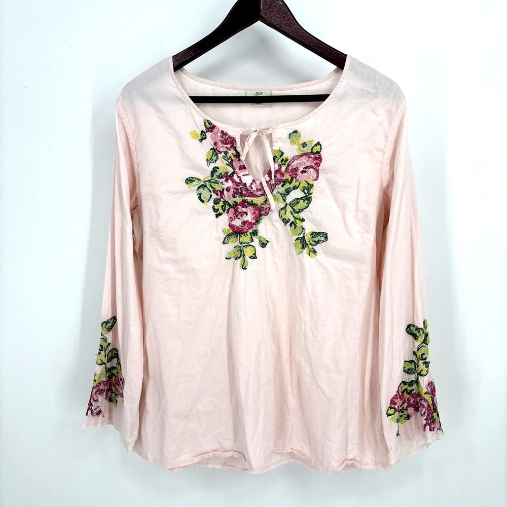 J. Jill Blouse Pink Floral Embroidered Long Sleeve Keyhole Tie Boho Top M